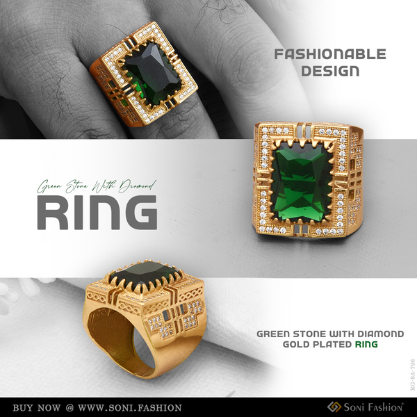 Green Stone With Diamond Fashionable Design Gold Plated Ring For Men - Style A796