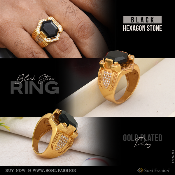 Black Hexagon Stone Finely Detailed Design Gold Plated Ring For Men - Style A821