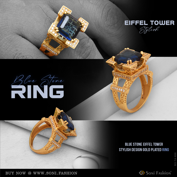 Blue Stone Eiffel Tower Stylish Design Best Quality Gold Plated Ring - Style A826