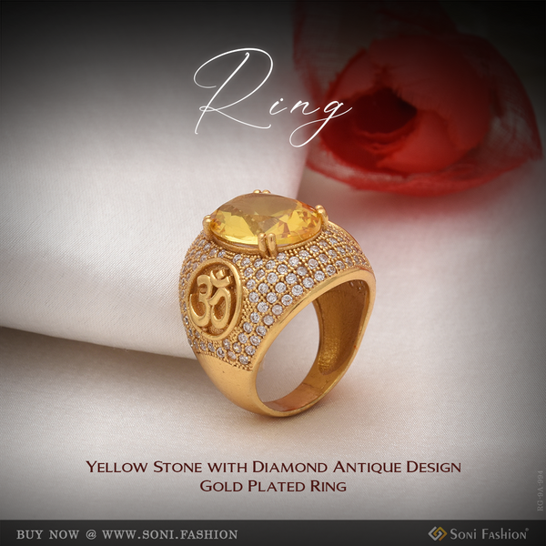Yellow Stone with Diamond Antique Design Gold Plated Ring for Men - Style A994