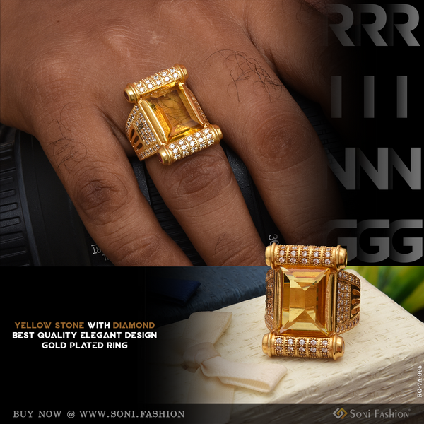 Yellow Stone with Diamond Best Quality Elegant Design Gold Plated Ring - Style A995
