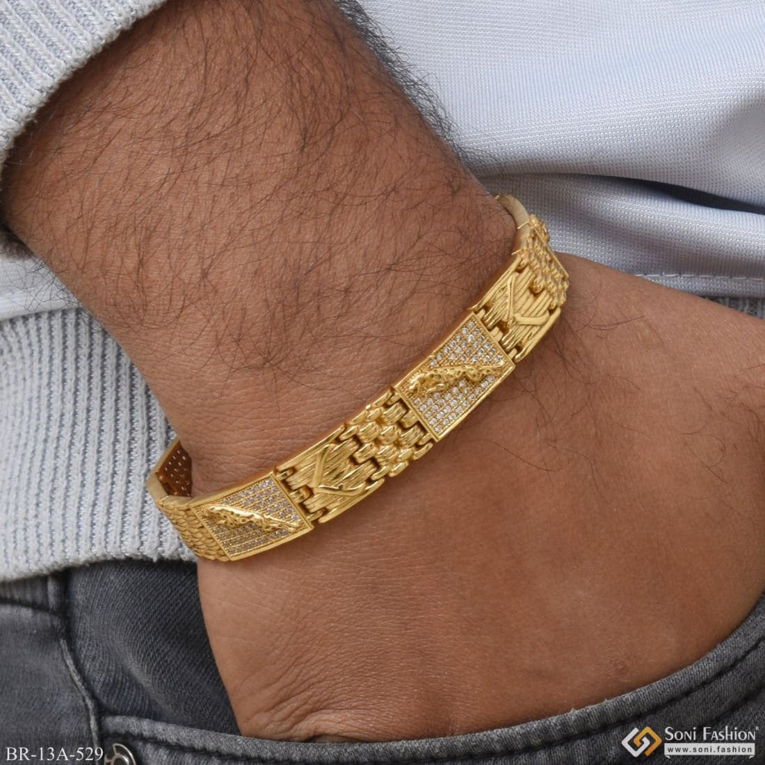 Jaguar With Diamond Beautiful Design Gold Plated Bracelet For Men