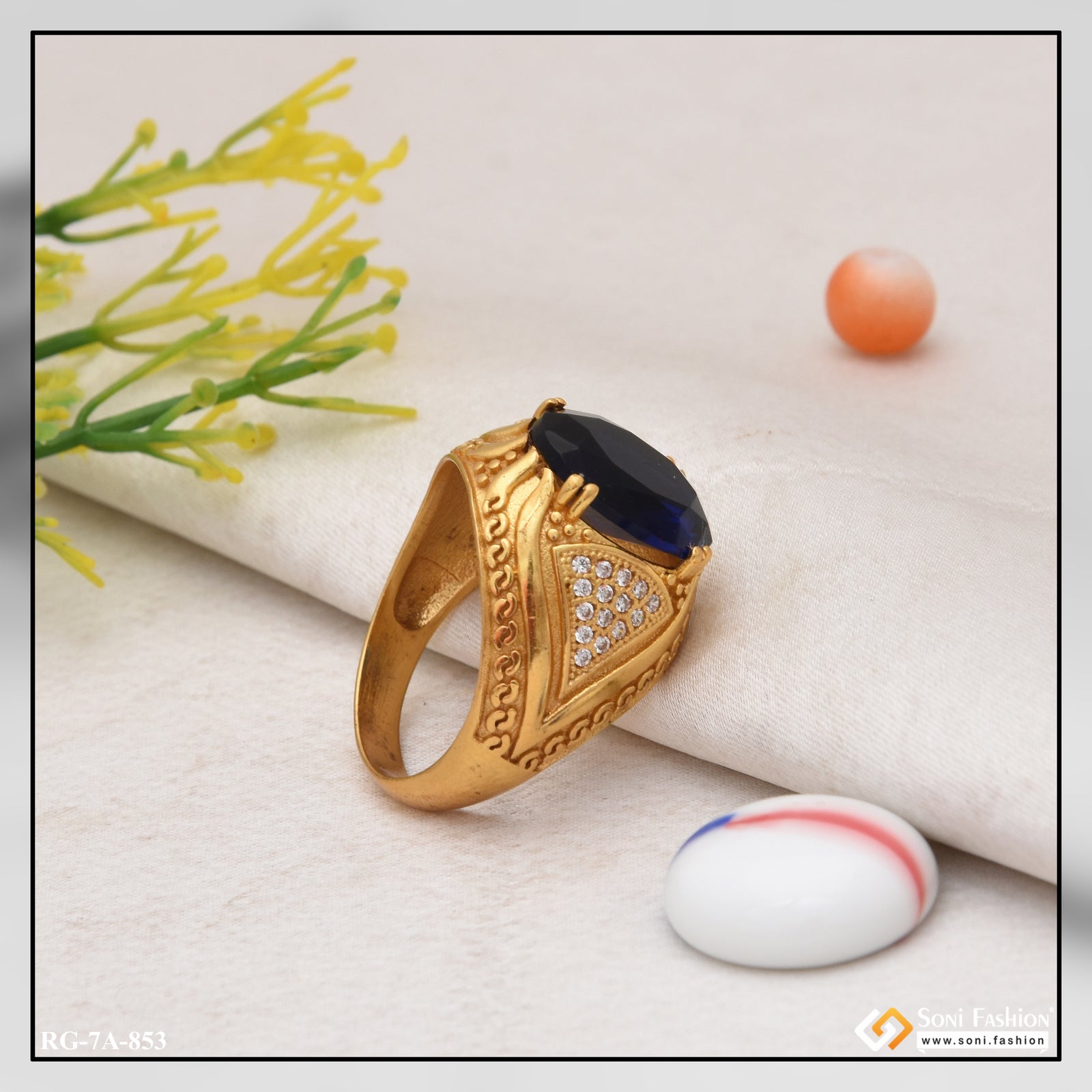 Owal Shape Blue Stone With Diamond Funky Design Gold Plated Ring For Men  Style A853