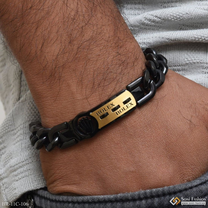 Soni Fashion - bracelet - Etched Design High-Quality Black & Golden Color Bracelet for Men - Style C106