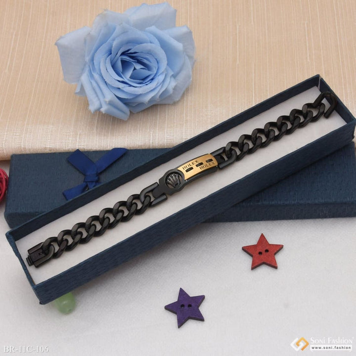 Soni Fashion - bracelet - Etched Design High-Quality Black & Golden Color Bracelet for Men - Style C106