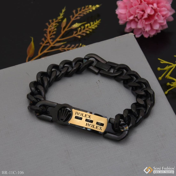 Soni Fashion - bracelet - Etched Design High-Quality Black & Golden Color Bracelet for Men - Style C106