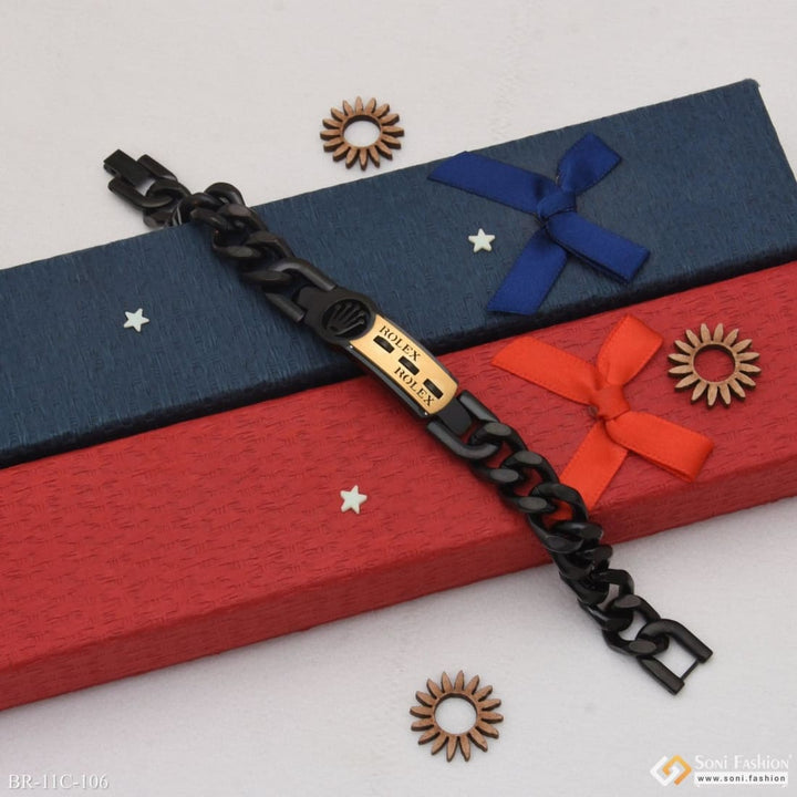 Soni Fashion - bracelet - Etched Design High-Quality Black & Golden Color Bracelet for Men - Style C106