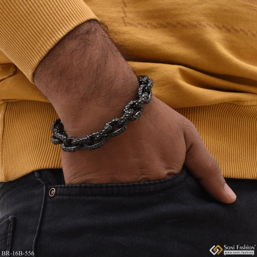 Soni Fashion - bracelet - Silver Black Ring-In-Ring Bracelet for Men | Vintage Stainless Steel - Style B556