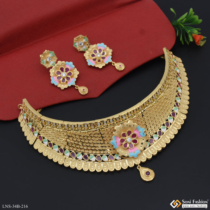 Unique Gold Set 1 Gram Gold Plated Unique Design Choker Necklace Set for Women - Style ...