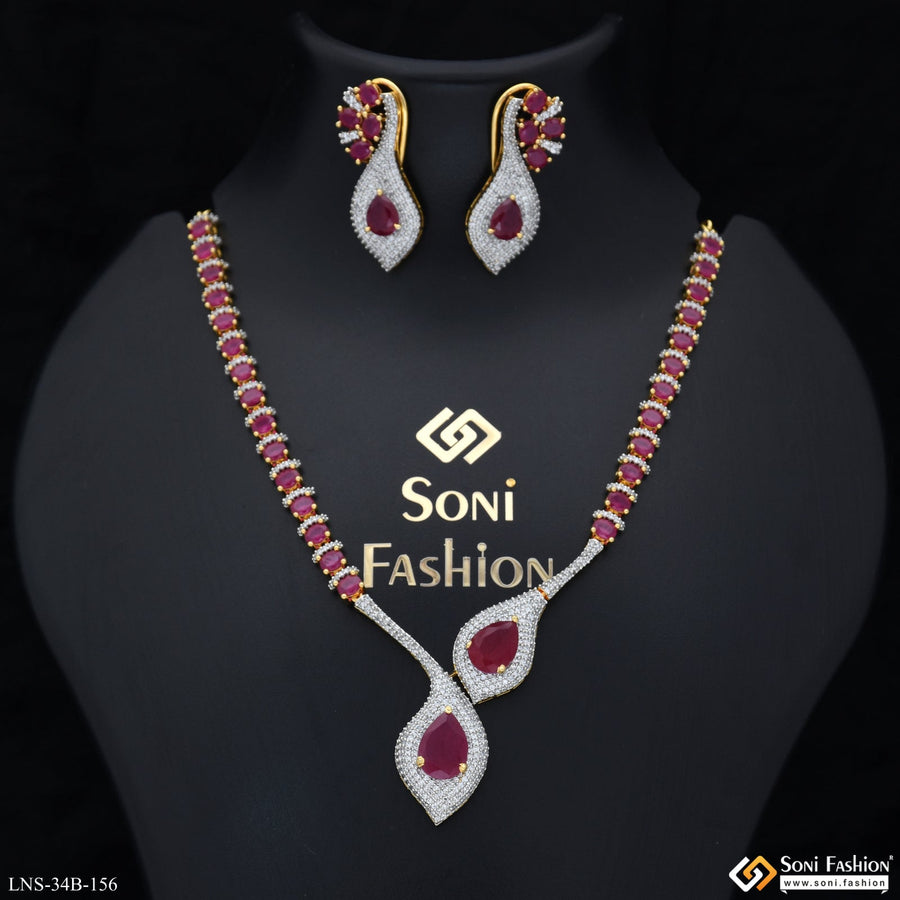 Soni Fashion - Necklace Set - Pink Stone Gold Plated Diamond Necklace Set for Ladies - Style B156