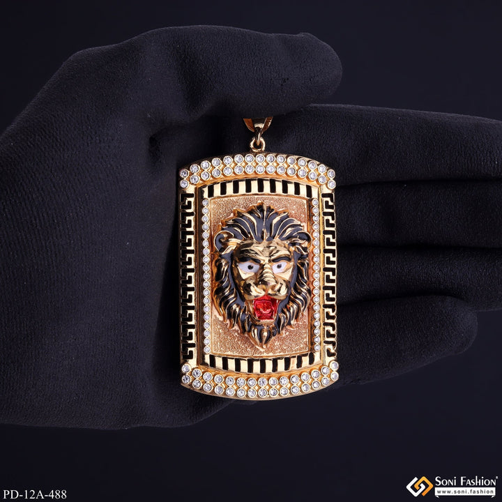 Soni Fashion - pendant - Big Lion Black Hair And Red Mouth Gold Plated Pendant With Diamond Texture Background - Style A488