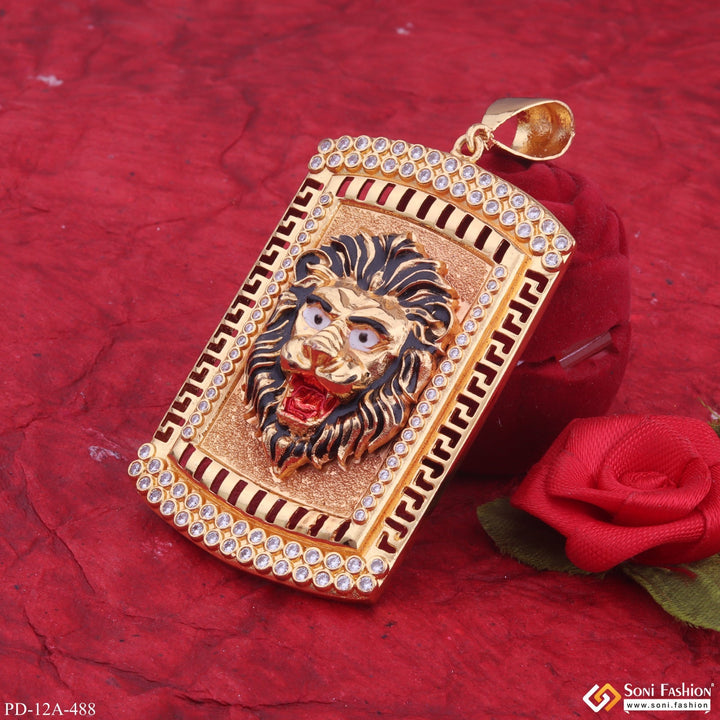 Soni Fashion - pendant - Big Lion Black Hair And Red Mouth Gold Plated Pendant With Diamond Texture Background - Style A488