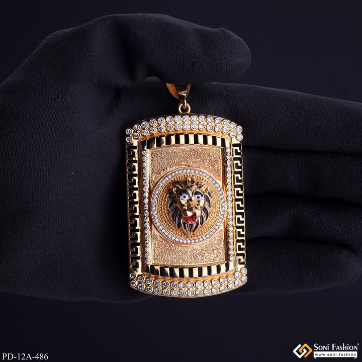 Soni Fashion - pendant - Lion Black Hair And Red Mouth Gold Plated Pendant With Diamond Texture Background - Style A486