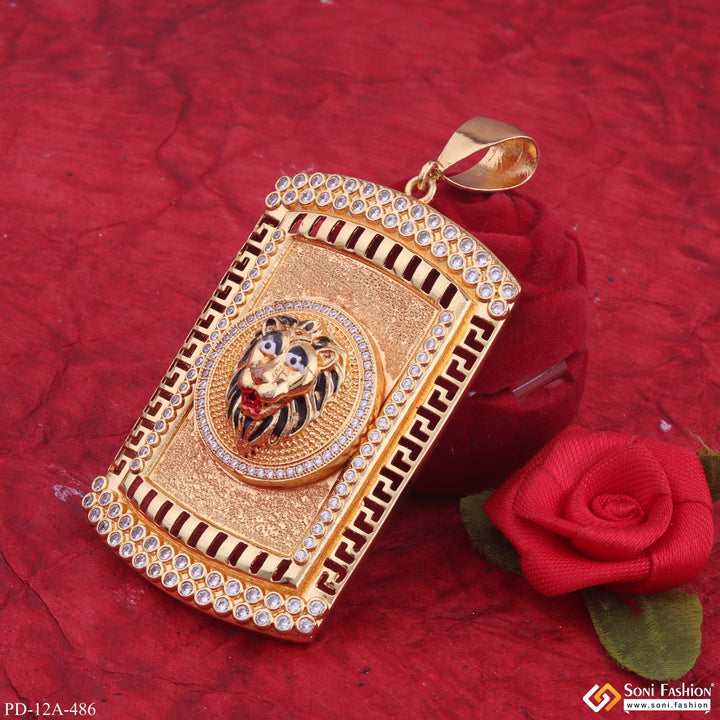Soni Fashion - pendant - Lion Black Hair And Red Mouth Gold Plated Pendant With Diamond Texture Background - Style A486