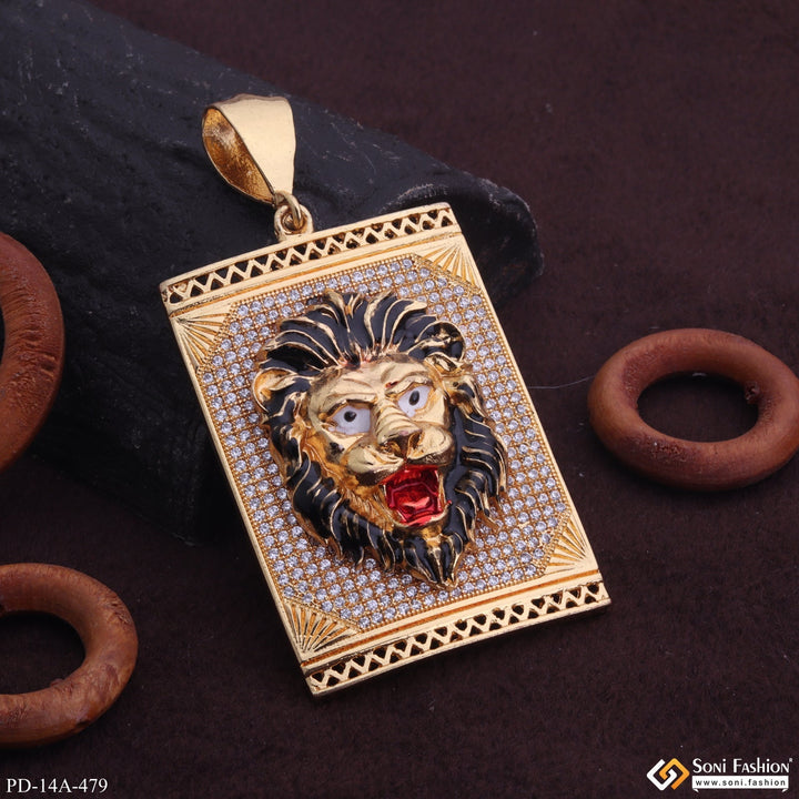 Soni Fashion - pendant - Lion Black Hair And Red Mouth Gold Plated Pendant With Square Diamond Background - Style A479