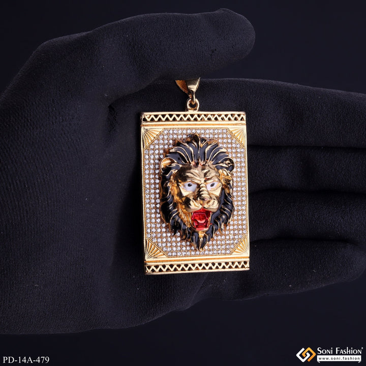 Soni Fashion - pendant - Lion Black Hair And Red Mouth Gold Plated Pendant With Square Diamond Background - Style A479