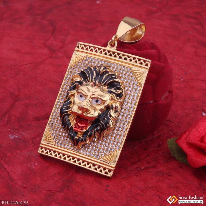 Soni Fashion - pendant - Lion Black Hair And Red Mouth Gold Plated Pendant With Square Diamond Background - Style A479