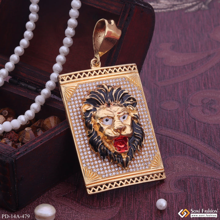 Soni Fashion - pendant - Lion Black Hair And Red Mouth Gold Plated Pendant With Square Diamond Background - Style A479