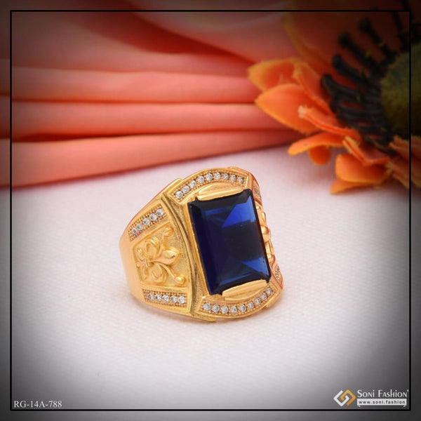 Soni Fashion - ring - 1 Gram Gold Forming Blue Stone With Diamond Funky Design Ring For Men - Style A788