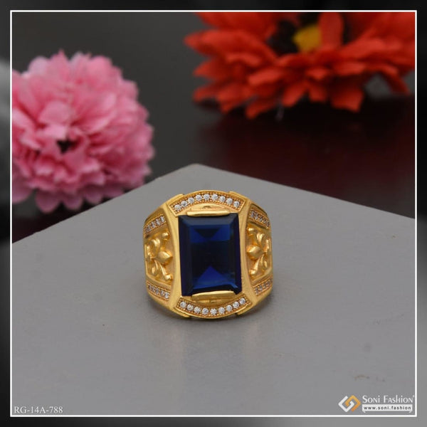 Soni Fashion - ring - 1 Gram Gold Forming Blue Stone With Diamond Funky Design Ring For Men - Style A788