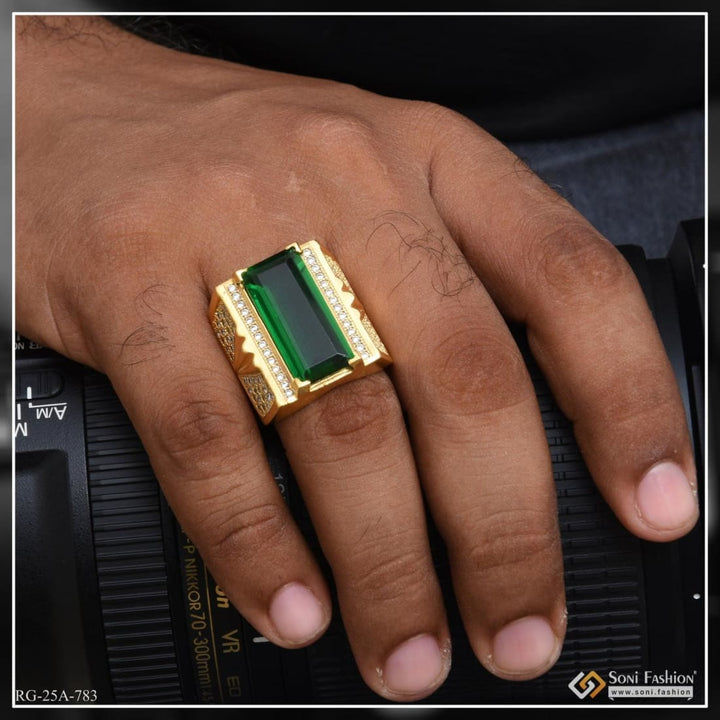 Soni Fashion - ring - 1 Gram Gold Forming Green Stone with Diamond Funky Design Ring for Men - Style A783