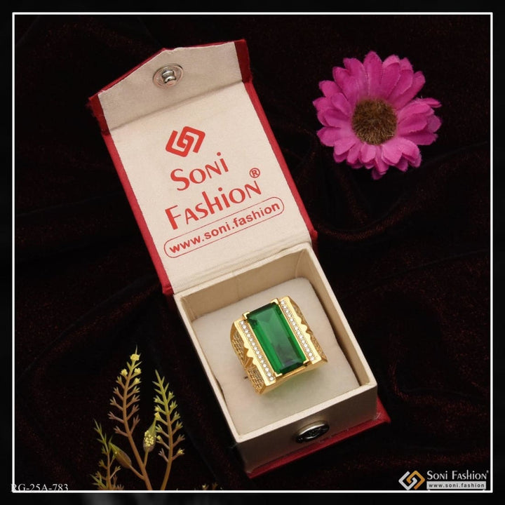 Soni Fashion - ring - 1 Gram Gold Forming Green Stone with Diamond Funky Design Ring for Men - Style A783