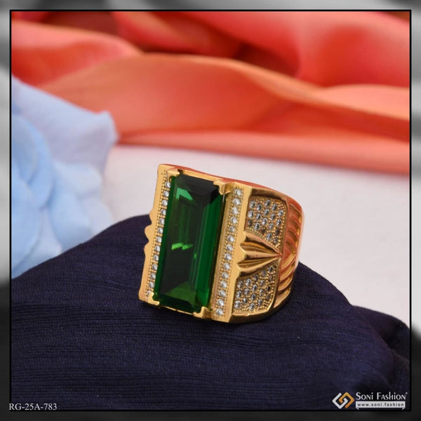 Soni Fashion - ring - 1 Gram Gold Forming Green Stone with Diamond Funky Design Ring for Men - Style A783