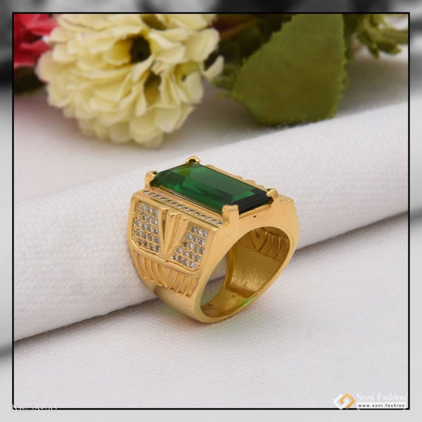 Soni Fashion - ring - 1 Gram Gold Forming Green Stone with Diamond Funky Design Ring for Men - Style A783