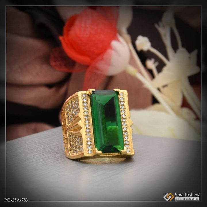 Soni Fashion - ring - 1 Gram Gold Forming Green Stone with Diamond Funky Design Ring for Men - Style A783