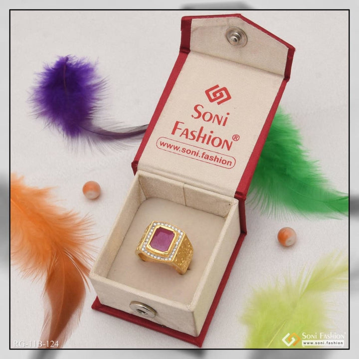 Soni Fashion - ring - 1 Gram Gold Forming Pink Stone with Diamond Artisanal Design Ring - Style B124
