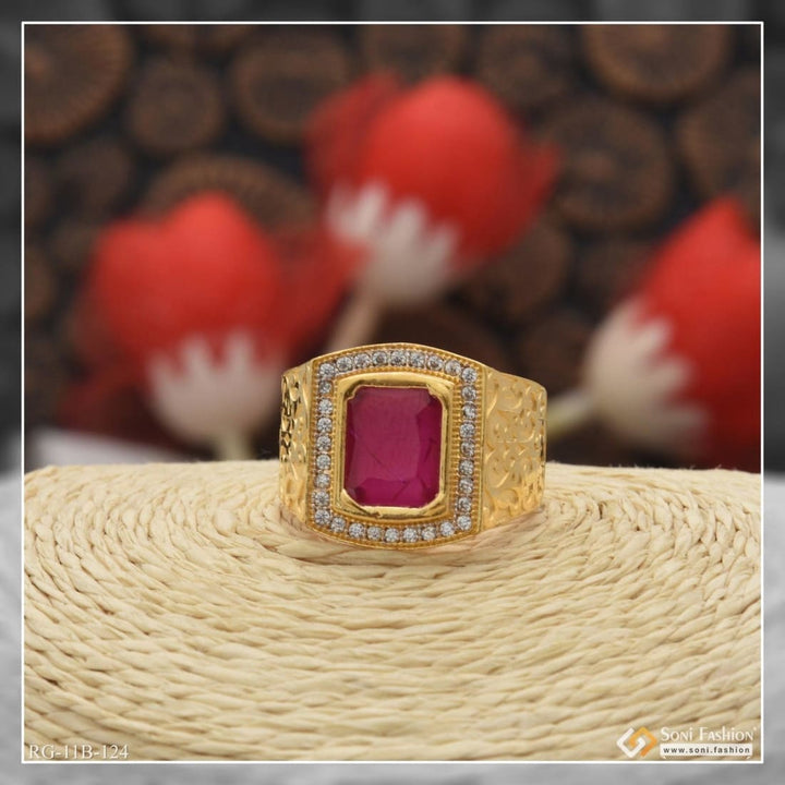 Soni Fashion - ring - 1 Gram Gold Forming Pink Stone with Diamond Artisanal Design Ring - Style B124