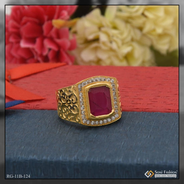 Soni Fashion - ring - 1 Gram Gold Forming Pink Stone with Diamond Artisanal Design Ring - Style B124