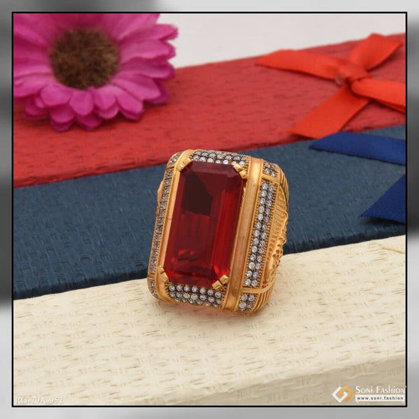 Soni Fashion - ring - 1 Gram Gold Forming Red Colour Jaguar with Diamond Gold Plated Ring - Style A952