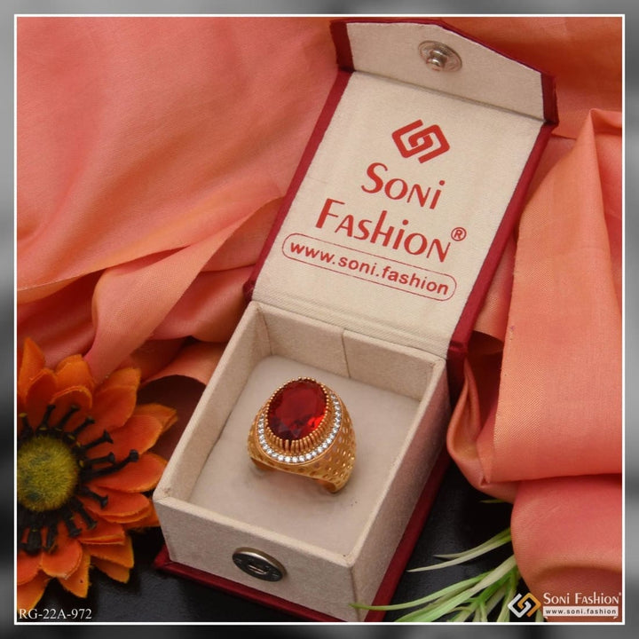 Soni Fashion - ring - 1 Gram Gold Forming Red Stone With Diamond Glittering Design Ring - Style A972