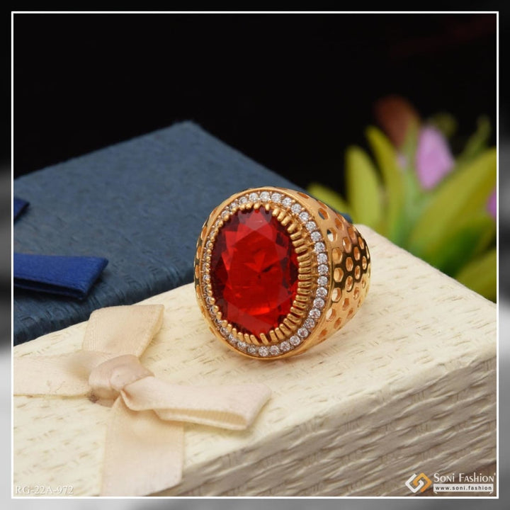 Soni Fashion - ring - 1 Gram Gold Forming Red Stone With Diamond Glittering Design Ring - Style A972