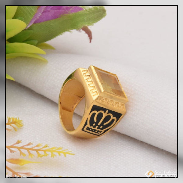 Soni Fashion - ring - 1 Gram Gold Forming Yellow Stone with Diamond Antique Design Ring for Men - Style A868