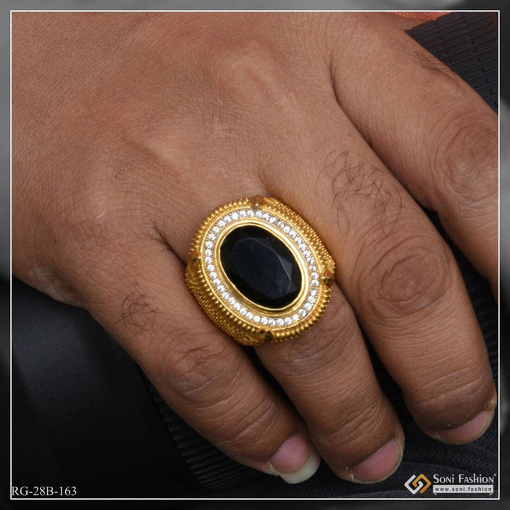 Soni Fashion - ring - 1 Gram Gold Plated Black Stone Etched Design High-quality Ring For Men - Style B163