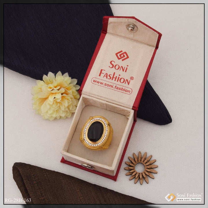 Soni Fashion - ring - 1 Gram Gold Plated Black Stone Etched Design High-quality Ring For Men - Style B163