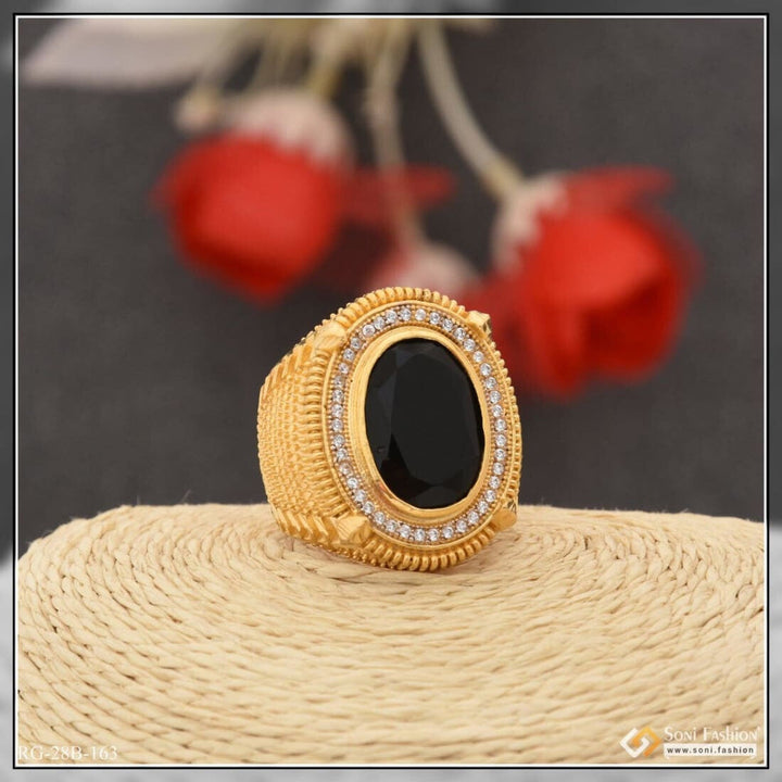 Soni Fashion - ring - 1 Gram Gold Plated Black Stone Etched Design High-quality Ring For Men - Style B163