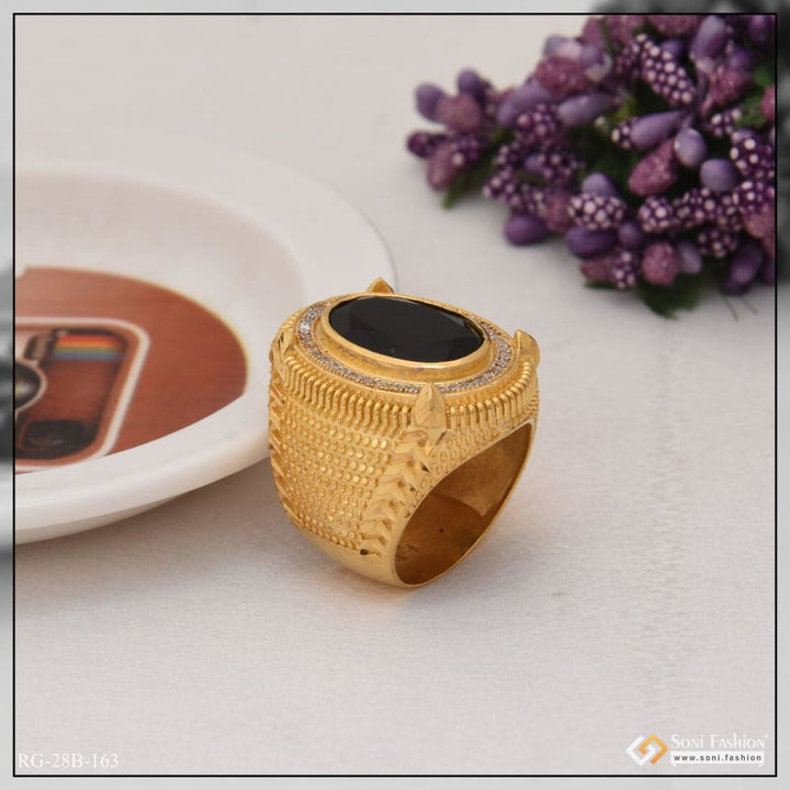 Soni Fashion - ring - 1 Gram Gold Plated Black Stone Etched Design High-quality Ring For Men - Style B163