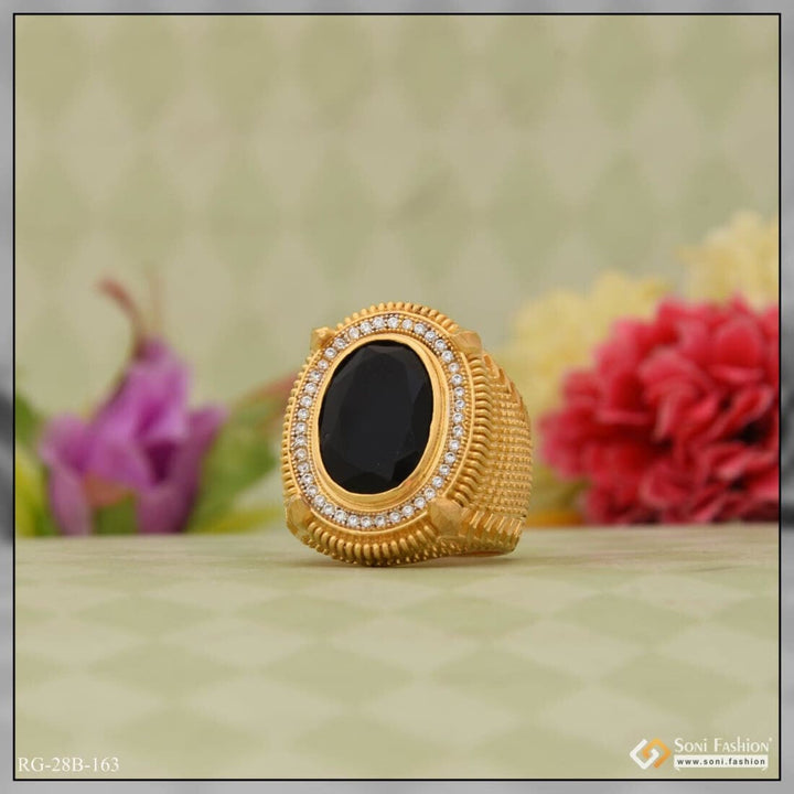 Soni Fashion - ring - 1 Gram Gold Plated Black Stone Etched Design High-quality Ring For Men - Style B163