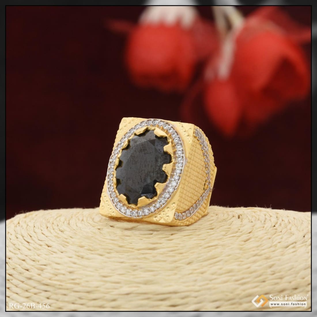 1 Gram Gold Plated Black Stone with Diamond Funky Design Ring for Men ...
