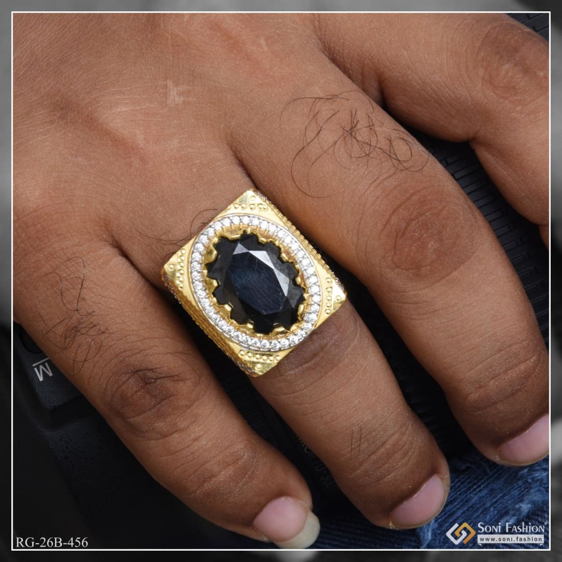 1 Gram Gold Plated Black Stone with Diamond Funky Design Ring for Men ...