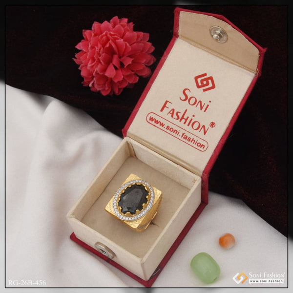 Soni Fashion - ring - 1 Gram Gold Plated Black Stone with Diamond Funky Design Ring for Men - Style B456