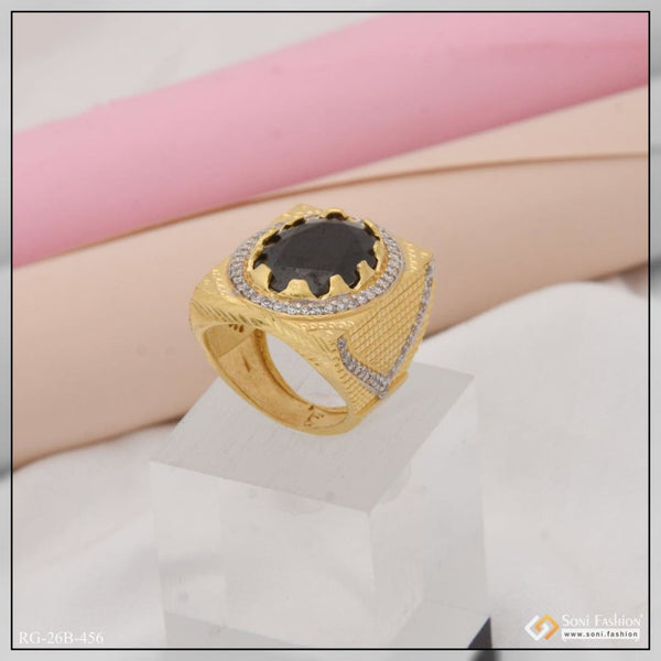 Soni Fashion - ring - 1 Gram Gold Plated Black Stone with Diamond Funky Design Ring for Men - Style B456