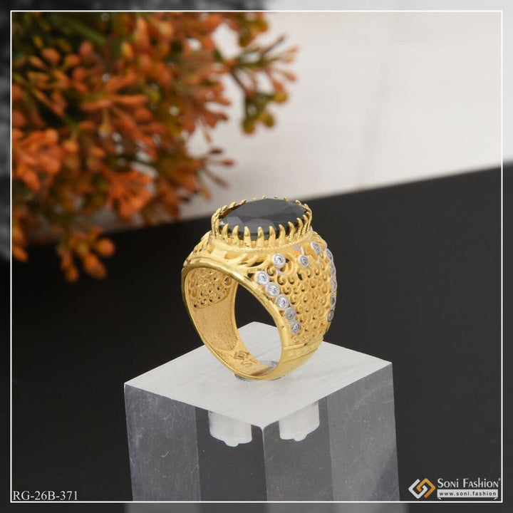 Soni Fashion - ring - 1 Gram Gold Plated Black Stone With Diamond Hand-crafted Ring For Men - Style B371