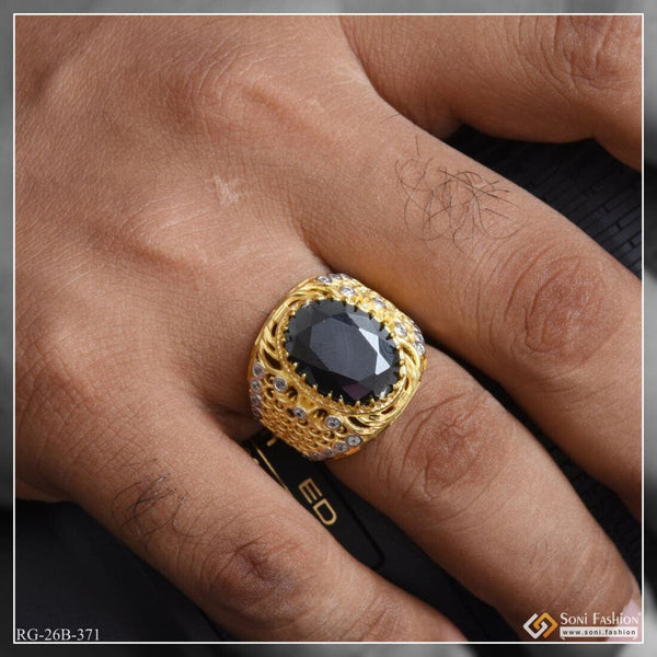 Soni Fashion - ring - 1 Gram Gold Plated Black Stone With Diamond Hand-crafted Ring For Men - Style B371