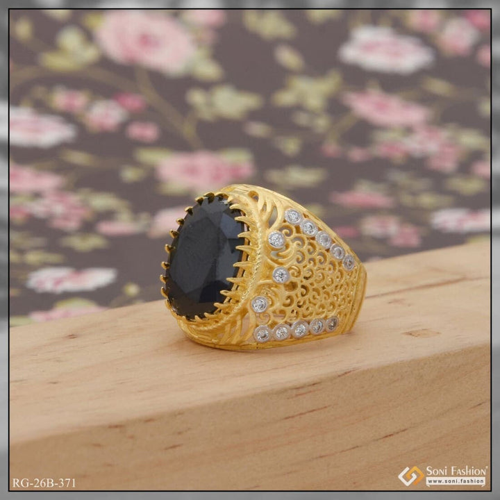 Soni Fashion - ring - 1 Gram Gold Plated Black Stone With Diamond Hand-crafted Ring For Men - Style B371