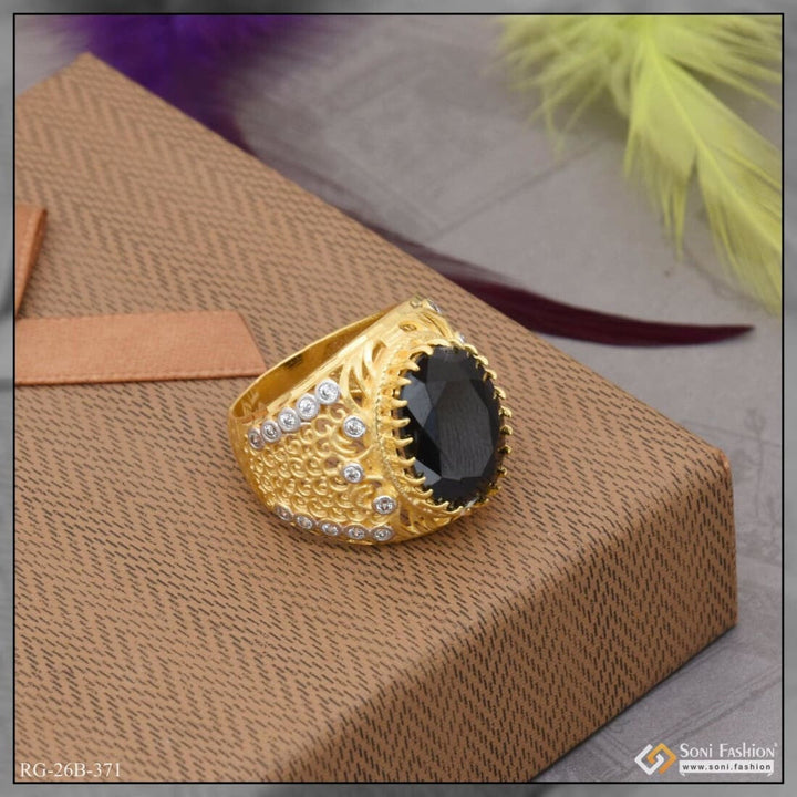 Soni Fashion - ring - 1 Gram Gold Plated Black Stone With Diamond Hand-crafted Ring For Men - Style B371