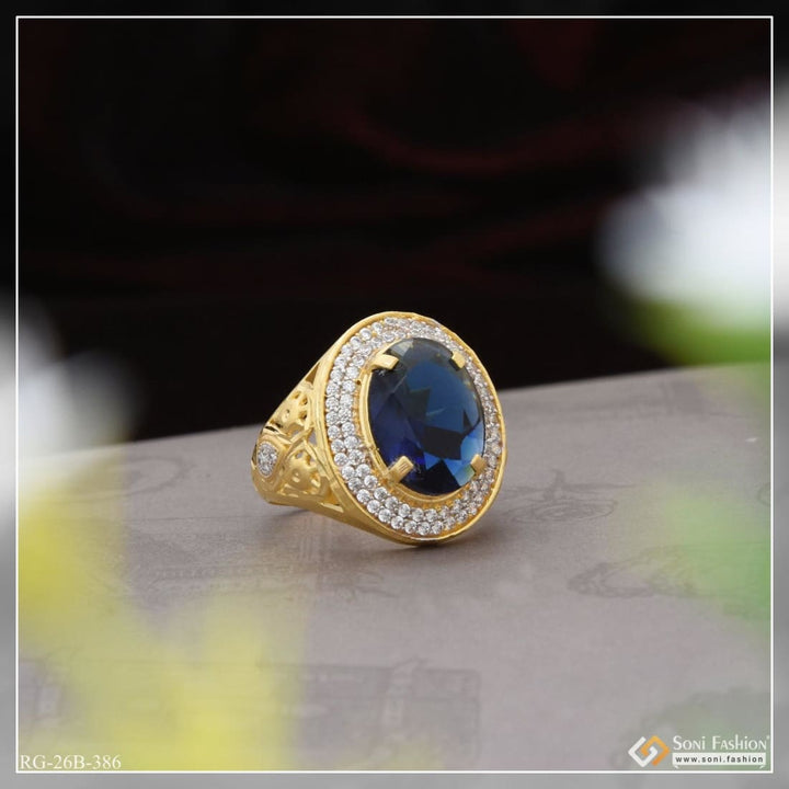 Soni Fashion - ring - 1 Gram Gold Plated Blue Stone With Diamond Hand-crafted Ring For Men - Style B386